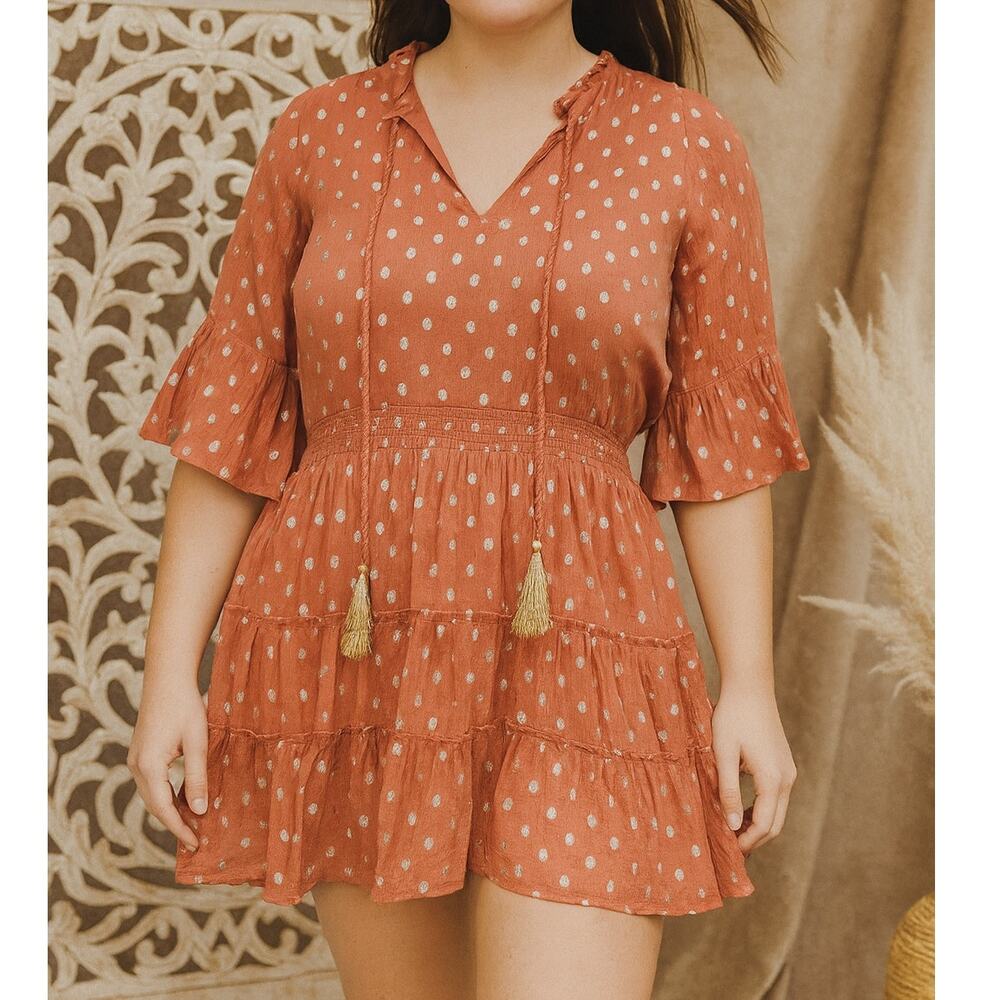 Anthropologie Raga Kenna Polka Dot Tiered Mini Dress Dusty Pink Metallic S NWT